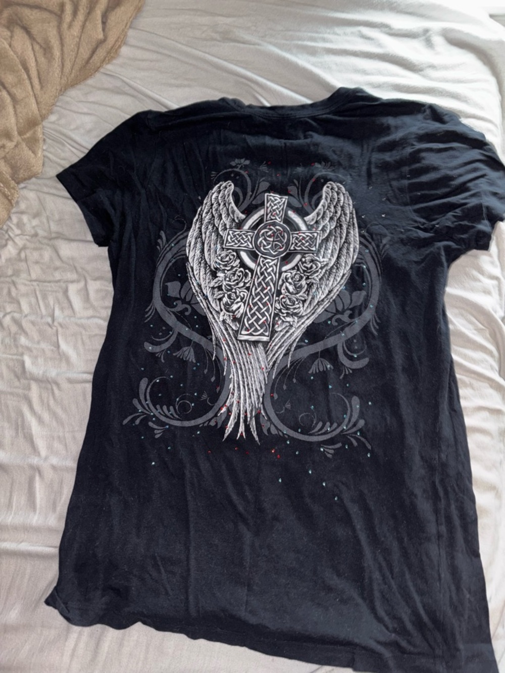 Y2k Black Graphic Tee with Winged Celtic Cross